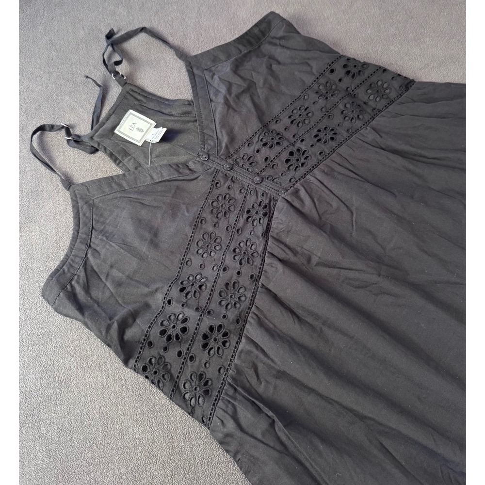 NWT LEA Black Eyelet Cotton Tiered Midi Dress Womens Adjustable Straps Pockets L